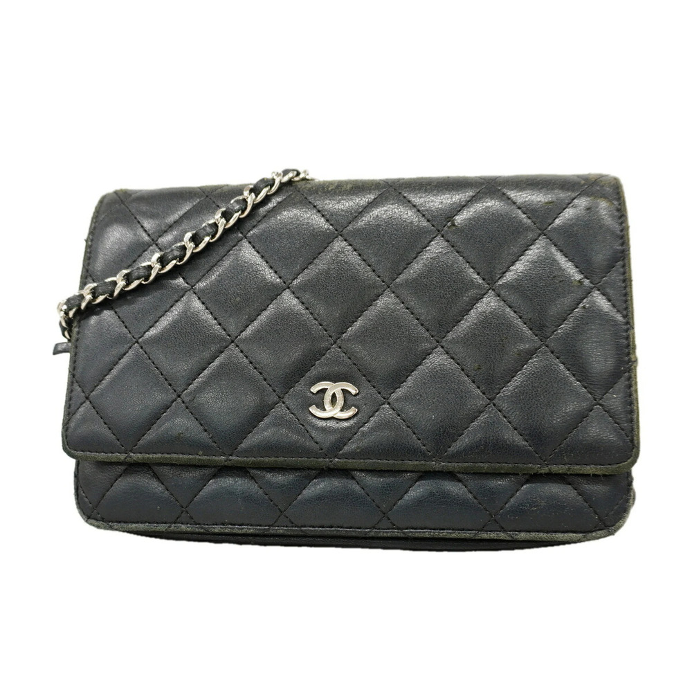 Chanel Matelassé Chain Shoulder Wallet, Lambskin, Black, Women's